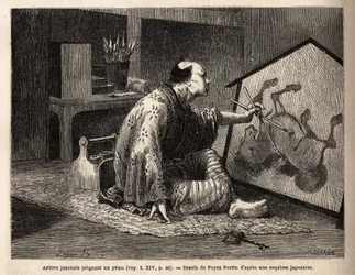 En japansk konstnär som målar en yema (legendarisk hästmålning). Gravyr för att illustrera resan till Japan, 1863-1864, av Aime humbert, minister för Schweiziska edsförbundet, i "" Le tour du monde, nouveau journal des voyages"" publicerad under direktivet