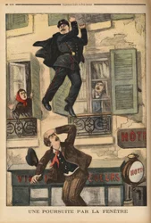 En polis i Montreuil tvekar inte att kasta sig ut genom fönstret för att förfölja en inbrottstjuv, som precis har hoppat för att undkomma sina förföljare. Gravyr i "" Le petit journal"" 1899-12-17. Selva samling.