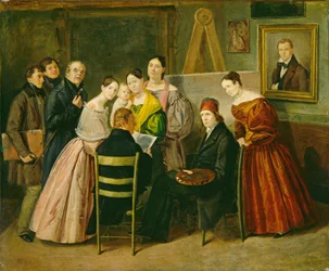 En målare och besökare i en ateljé, ca 1835 (olja på papper på duk)