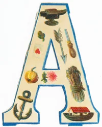 A: städ, kronärtskocka, pil, hjärtans ess, syl, äpple, aster, ankare, båge av Noe, sparris (färg litho)