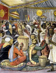 En bankett vid kung Menelik II:s hov (1844 - 1913) i Etiopien. Ill. för sent 1800-talspress.