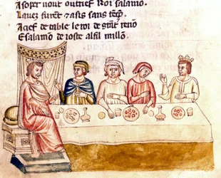 En bankettscen: en kung och hans gäster - Miniatyr från kodexen "The Entrree of Spain"" (Ms.Franc.21) 1300-talet. Biblioteca Marciana, Venedig.