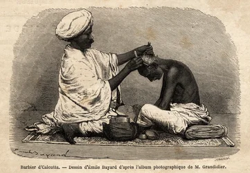 En frisör som arbetar på gatorna i Calcutta. Gravyr för att illustrera resan i Indiens meridionalprovinser, av Alfred Grandidier, 1862-1864, publicerad i "" le tour du monde", redigerad av D