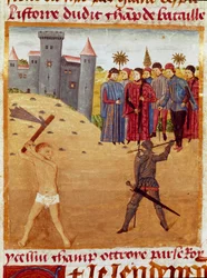En strid mellan en makedonsk och en atensk miniatyr hämtad från "The Book of Facts of Alexander the Great"" av Quintus Curtius Rufus (Quinte Curce) (1:a århundradet), omkring 1468. (Ms 1335) Reims. Kommunbiblioteket