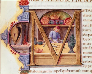 En smed på jobbet i sin verkstad. Mansucrit "Natural History"" av den romerske författaren och naturforskaren Plinius den äldre (23-79 e.Kr.) 1400-talets Venedig Biblioteca Marciana