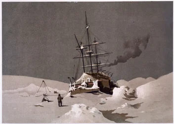 En båt fångad i is - i "The shores of the polar sea, an Arctic expedition narration", av Dr Edward Moos, Marcus Nard & Co, London