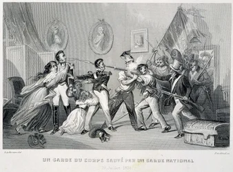 En livvakt räddas av en nationalgardist (29 juli 1830) - i ”Fastes des Gardes nationales de France”