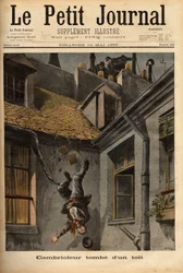 En inbrottstjuv faller från taken på Notre Dame Street i Nasaret, i sin nederbörd för att fly framför poliserna. Gravyr i "" Le petit journal"" 1899-05-14. Selva samling.