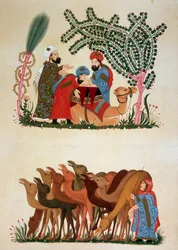 En husvagn i farten. Illustration av 1200-talet av "" Maqamat"" (Seances) av Abu Mohammed al-Kasim ibn Ali Hariri (eller Al-Hariri eller Al Hariri) (1054-1122) i "" Arab Art"" från monumenten i Kairo från 700-talet till 1700-talet av P