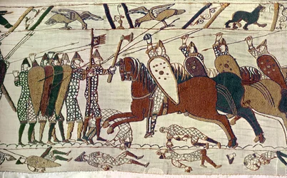 En kavalleriattack. Bayeuxtapeten, broderi (gobeläng)