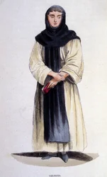 En celestin, religiös av ordningen grundad 1254 av Célestin V. Gravyr från 1800-talet
