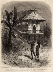 Ett par indianer från Rio Verde (Brasilien) mannen med sin sarbacan, framför ett typiskt hus på pålar. Gravyr för att illustrera resan till New Granada, av Dr. Saffray, 1869, publicerad i "" Le tour du monde""" 1873, redigerad av Edouard Charton, e.