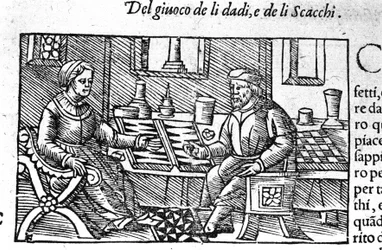 Ett par som spelar tärning. Gravyr efter "Historia de gentis septemtrionalis" av Olaus Magnus, Rom 1560.