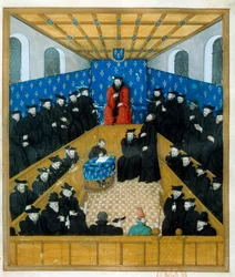 En domstol på 1400-talet. Miniatyr. Paris, B N