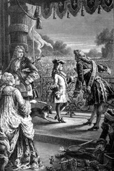 En hovmästare visar den unge Ludvig XV (1710 - 1774), folkmassan i glädje och berättar för honom En dag kommer allt detta att bli ditt. Gravyr av 1800-talet.