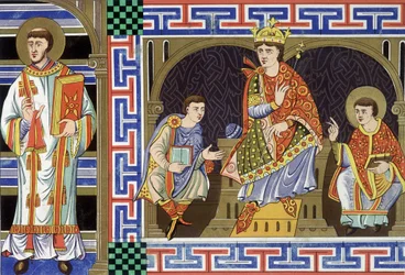 En diakon, en ädel figur, en kung och en eveque som illustrerar 900-talets människor; Illustration av artonhundratalet hämtar från "Frankrike under tionde århundradet"".