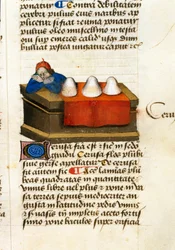 En hjorthandlare, använder för kosmetika Beskrivning av medicinalväxter och hur man förbereder dem. Manuskriptsida “” Treats on herbs”” (Tractatus de herbis) av Pedanius Dioscorides (Dioscorides) (40-90 AD) Lat.1152