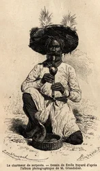 En fakir, ormtjusare. Gravyr för att illustrera resan i Indiens meridionalprovinser, av Alfred Grandidier, 1862-1864, publicerad i "" le tour du monde", under ledning av D