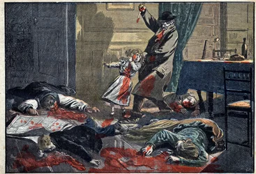 En mördad familj: Mordet på familjen Leblond av Caillard, en galning, i Nassandre nära Bernay. Illustration i ”Le Pèlerin” den 10 april