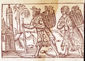 En familj av norrmän som reser på skidor. Gravyr av Olaus Magnus (1490 - 1557), svensk religiös och geograf, "Historia de Gentis Septentrionalibus", Venedig