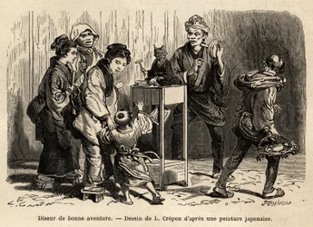 En spåkvinna på gatorna i Edo (numera Tokyo). Gravyr för att illustrera resan till Japan, av Aime Humbert, minister för Schweiziska edsförbundet, 1863-1864, publicerad i "" le tour du monde", under ledning av Edouard Charton, Hachette, Pari