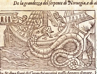 En gigantisk marin orm attackerar ett skepp och slår dess besättning. Gravyr av Olaus Magnus (1490 - 1557), svensk religiös och geograf, "Historia de Gentis Septentrionalibus", Venedig