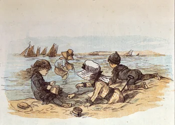 En grupp barn som leker vid vattnet på sanden. 1881
