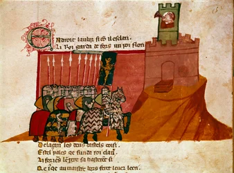 En grupp franc-riddare anländer till ett miniatyrslott från "Entree of Spain". 1300-talets Venedig, Biblioteca Marciana.