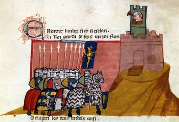 En grupp uppriktiga riddare anländer till ett slott. Miniatyr från "" Entree of Spain"". 1300-talets Venedig, Biblioteca Marciana.
