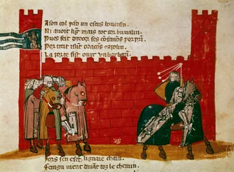 En grupp riddare som lämnar ett miniatyrslott från "" Entree of Spain"". 1300-talets Venedig, Biblioteca Marciana