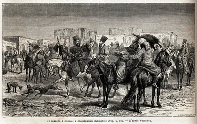 En hästpromenad i Shurakhan (Kirgizistan eller Kirgizistan). Teckning av Emile Bayard (1837-1891), för att illustrera resan till Centralasien, 1863, av Arminius Vambery (ungersk vetenskapsman förklädd i dervisch). Gravyr i "" Le tour du monde"", redigerad 
