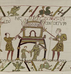 Ett hus är bränt av normanderna, Bayeux Tapestry (ullbroderi på linne)