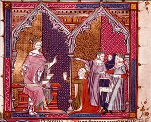En kung som utövar rättvisa Miniatyr tagen från "Justiniani in Fortiatum"" 1300-talets kungliga bibliotek i Escorial-klostret, Spanien