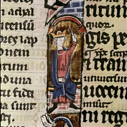 En kung assistent till återuppbyggnaden av templet i Jerusalem Detalj av en manuskriptsida i Bibeln av Saint Ludovic. 1300-talets Biblioteca Comunale Assises, Italien