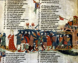 En kung tas till fånga och förs bort av fiendens armé medan slagets offer ligger på marken. Miniatyr ur "Roman de Troie" av Benoît de Sainte-Maure. 1300-talet, Biblioteca Marciana, Venedig.