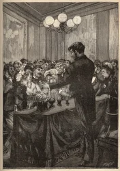 En magiker som använder en muskotlåda för att få en boll att dyka upp och försvinna. Gravyr från 1885 i "" Les arts et metiers illustres"" av Adolphe BITARD.