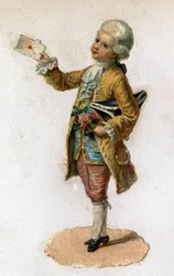 En budbärare (1700-talet) bärande ett förseglat brev. Kromolitografi omkring 1890.