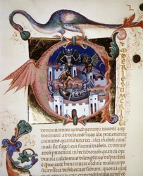 En bokstav i miniatyr "A" som representerar djävulens stad. 1300-talsmanuskript "" De Civitate Dei"" av Saint Augustine. Biblioteca Comunale di Rimini