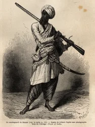 En bergsbestigare från Hazara (Punjab, Indien). Gravyr för att illustrera resan till Pandjab och Kashmir, berättelse av Guillaume Lejean, 1866, publicerad i "Le tour du monde, nouveau journal des voyages", under ledning av Edouard Charton