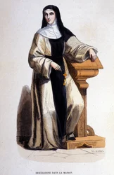 En nunna Bernardine, medlem av Saint Benedict Order reformerad på 1100-talet av Saint Bernard. Gravyr av 1800-talet.