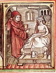 En läkare ger sin patient en behandling framställd av medicinalväxter. Gravyr ur "Tractatus de pestilentia", 1400-talet - Prag, Nationalbiblioteket