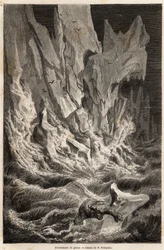 En isbjörn kommer från ett isberg efter kollapsen av ett isblock från Spitzberg, en arkipelag i Ishavet, ritad av V.Foulquier, för att illustrera Spitzberget 1838-1839, av Charles Martins. Gravyr i "" Le tour du monde", redigerad av