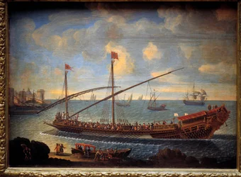 En kunglig byss som återvänder till hamnen Detta är "Reale de France" byggd 1679. Anonym målning från 1600-talet. Paris, Musee de la Marine
