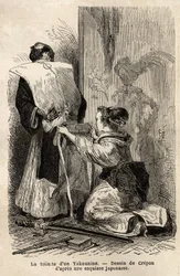 En samurajs toalett, en ung piga hjälper henne att knyta sin kimono. Gravyr för att illustrera resan till Japan, 1863-1864, av Aime Humbert, minister för Schweiziska edsförbundet, i "" Le tour du monde, nouveau journal des voyages"" publicerad under lednin