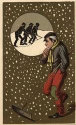 En snösamlare med sin spade. Anonym kromolitografi, sent 1800-tal.