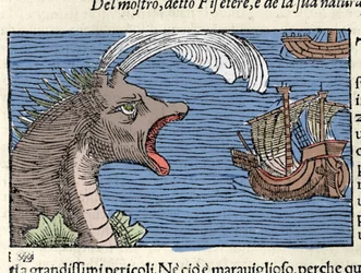 En kaskelot (?) (fyseter) attackerar ett skepp. Gravyr av Olaus Magnus (1490 - 1557), svensk religiös och geograf, "Historia de Gentis Septentrionalibus", Venedig