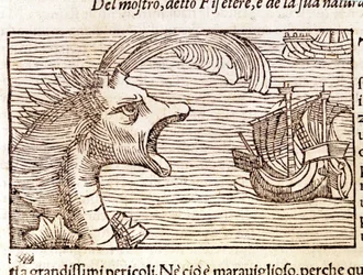En kaskelot (?) (fyseter) attackerar ett skepp. Gravyr av Olaus Magnus (1490 - 1557), svensk religiös och geograf, "History of the Northern Nation", Venedig