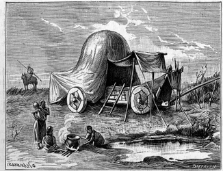 Ett tält monterat på en vagn från gallernas tid. Gravyr i "" La Nature: revue des sciences et de leurs applications aux arts et a l