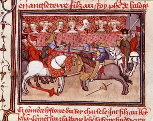 En riddarturnering vid tiden för kungen av Frankrike Karl V (1338-1380) Miniatyr hämtad från "" Les grandes Chronicles de France"" Chantilly från 1300-talet, Musee Conde