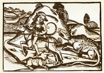 En resenär möter två monstruösa tigrar som ser ut som basilikan. Esopes fabler (gravyr, slutet av 1400-talet)